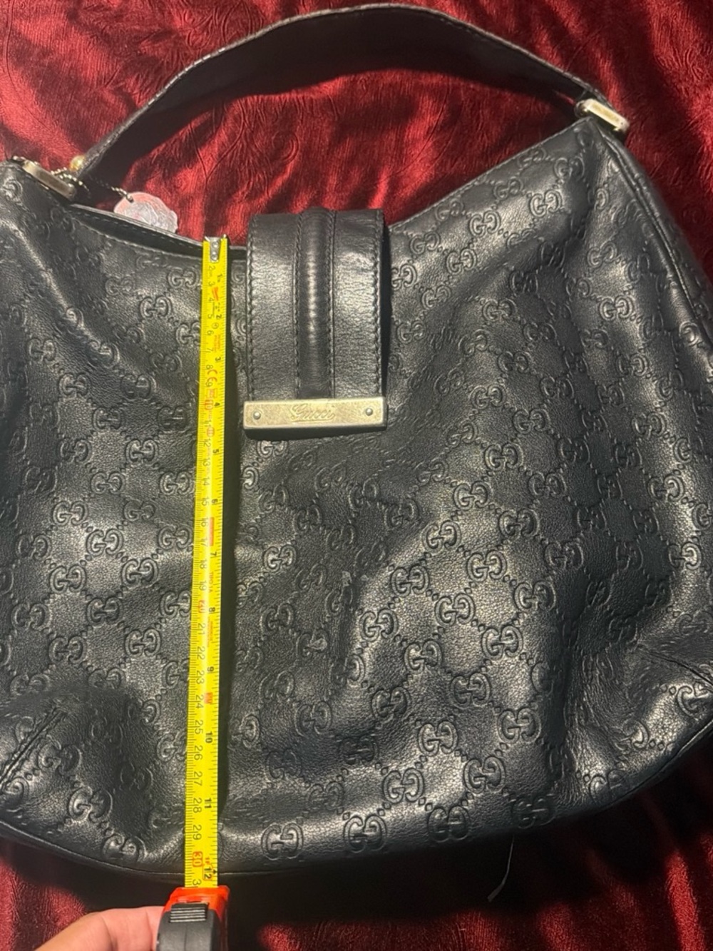 Gucci Black Embossed GG Leather Shoulder Bag with Gold Plaque